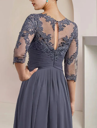 Two Piece A-Line Mother of the Bride Dress Formal Wedding Guest Elegant Scoop Neck Tea Length Chiffon Lace 3/4 Length Sleeve Wrap Included with Appliques Ruching