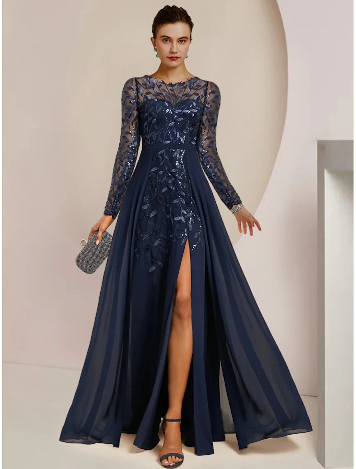 Wedding Guest Elegant Jewel Neck Floor Length Chiffon Lace Sequined Long Sleeve with Split Front Solid Color Mother of the Bride Dress