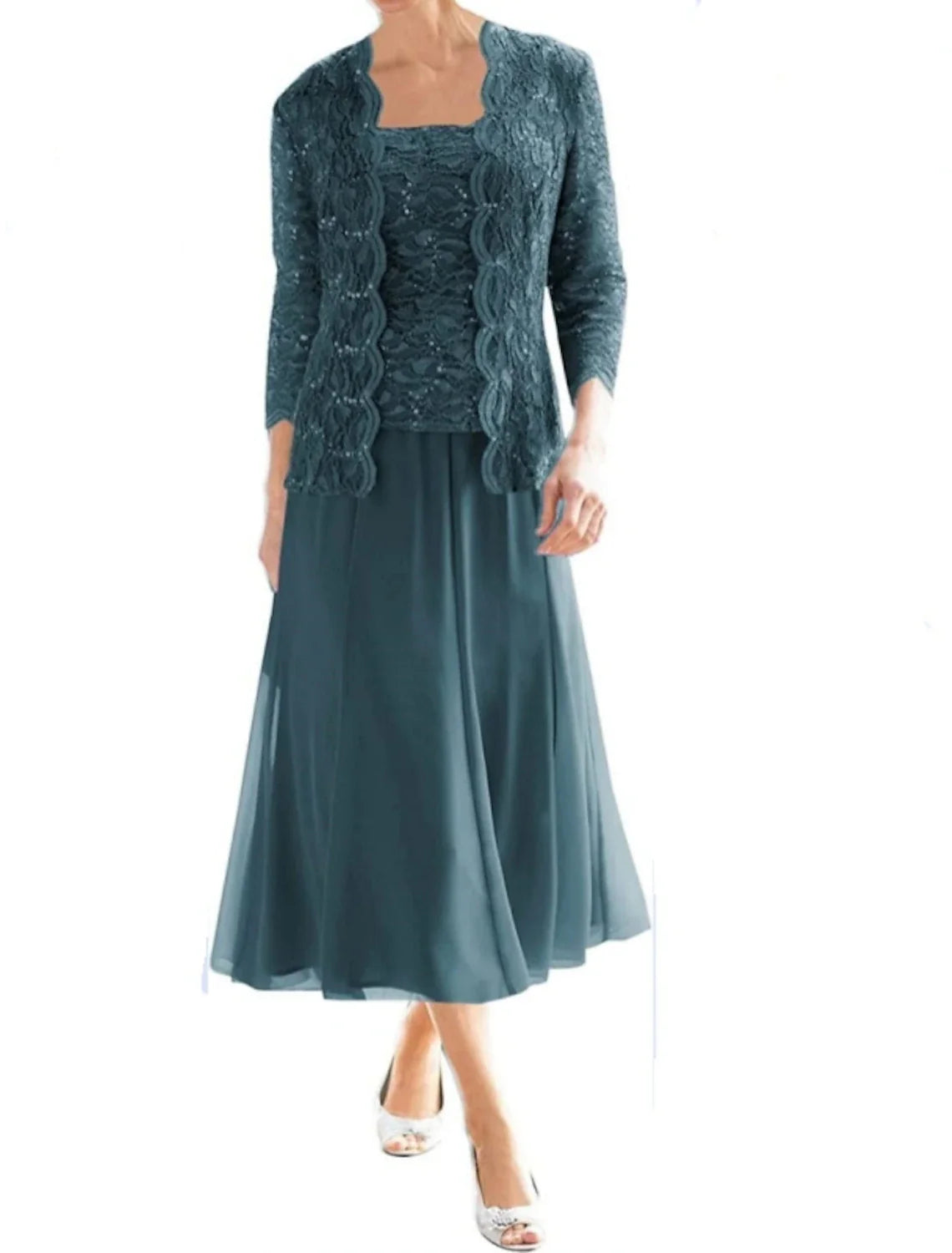 Zweiteiliges elegantes Vintage Sparkle &amp; Shine Kleid mit quadratischem Ausschnitt und wadenlanger Chiffonspitze, 3/4-Ärmel mit Falten und Pailletten für die Mutter der Braut