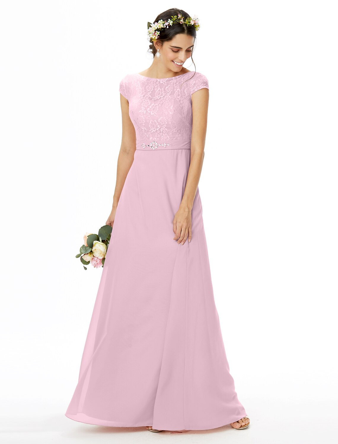 Sheath / Column Bridesmaid Dress Bateau Neck Short Sleeve Elegant Floor Length Chiffon / Lace with Lace / Sash / Ribbon / Bow(s)