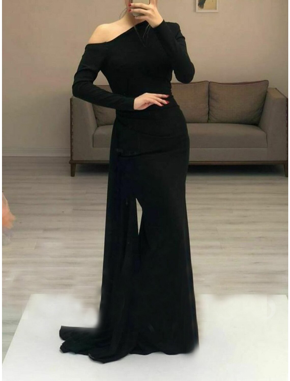 Sheath / Column Minimalist Elegant Wedding Guest Formal Evening Dress One Shoulder Long Sleeve Floor Length Stretch Fabric with Sleek Ruched