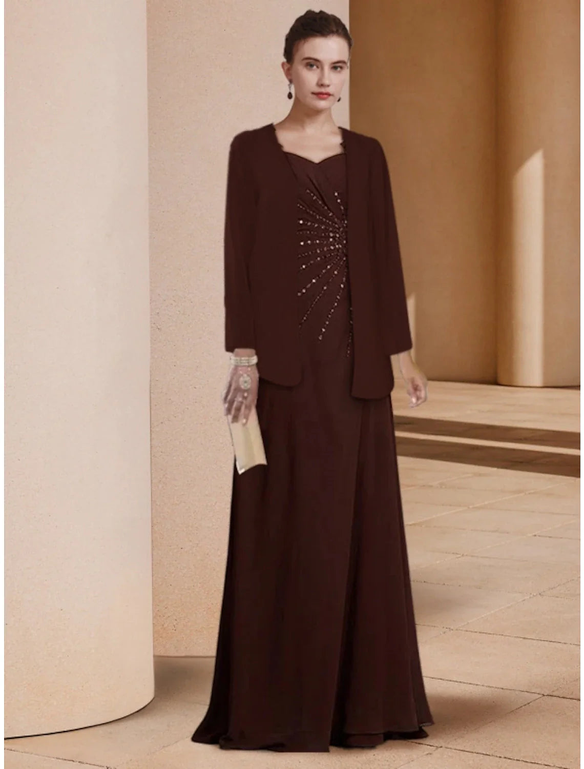 Sheath / Column Mother of the Bride Dress Wedding Guest Elegant Scoop Neck Floor Length Stretch Chiffon Long Sleeve with Sequin Ruching