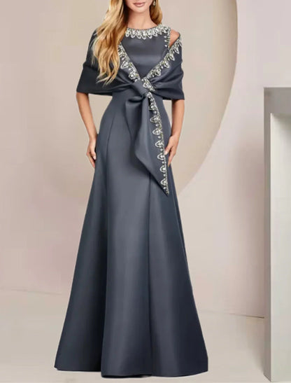 Zweiteiliges A-Linien-Kleid für die Mutter der Braut, Hochzeitsgast, eleganter U-Ausschnitt, bodenlang, Satin, ärmellos, mit Kristallrüschen