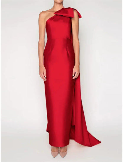 Sheath / Column Satin Evening Gown Elegant Christmas Dress Formal Sweep / Brush Train Sleeveless One Shoulder with Flower