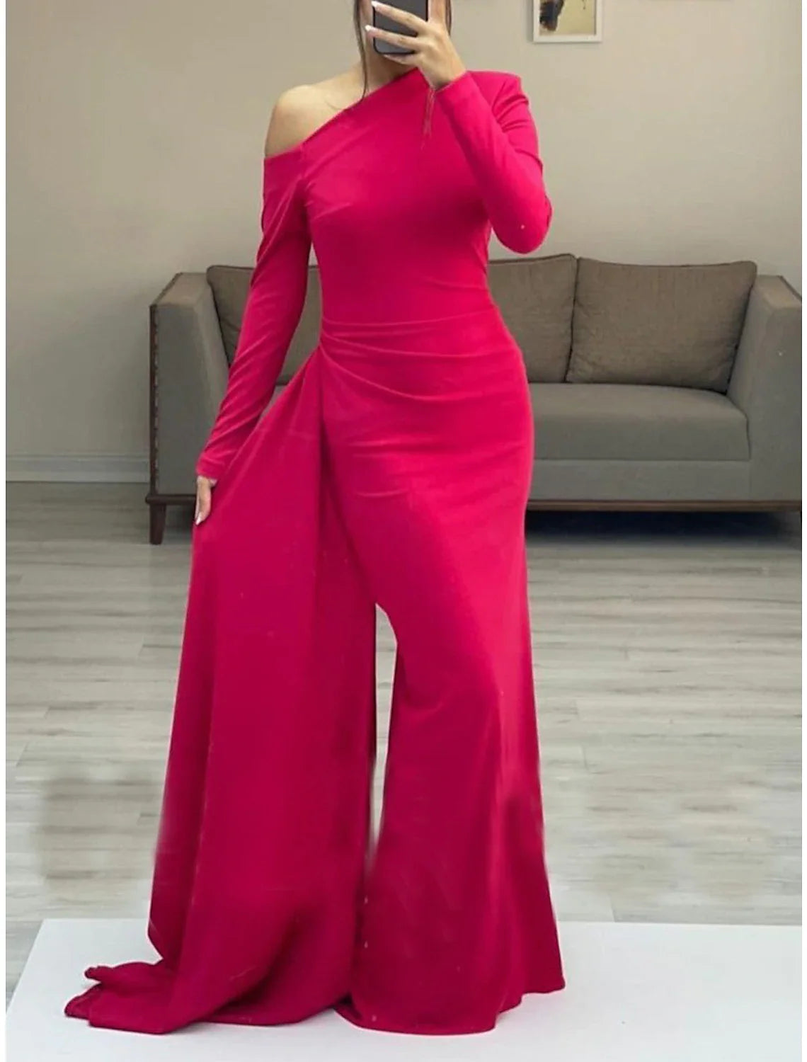 Sheath / Column Minimalist Elegant Wedding Guest Formal Evening Dress One Shoulder Long Sleeve Floor Length Stretch Fabric with Sleek Ruched