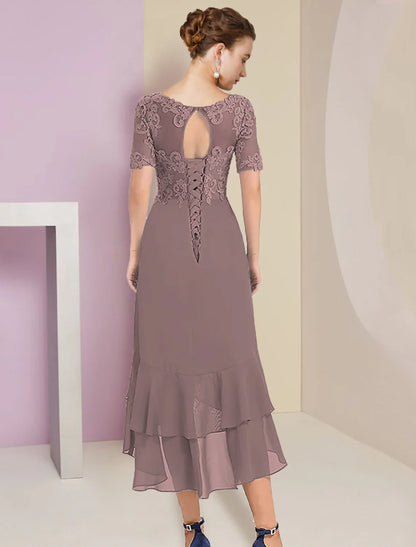 Zweiteiliges A-Linien-Kleid für die Mutter der Braut, formelle Herbsthochzeitsgäste, elegant, hoher V-Ausschnitt, asymmetrische Wadenlänge, Chiffonspitze, kurze Ärmel, 3/4-Ärmel, Wickelärmel mit Applikationen enthalten