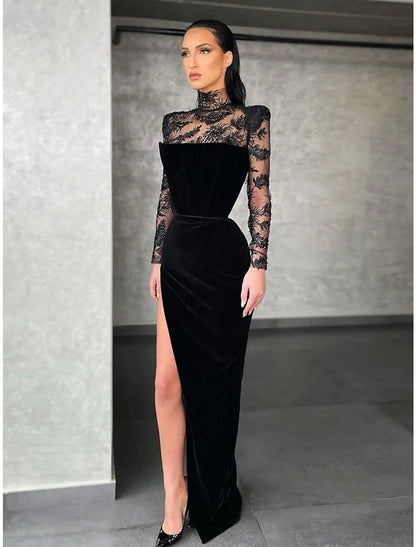 Sheath / Column Evening Gown Elegant Dress Formal Floor Length Long Sleeve High Neck Lace with Slit