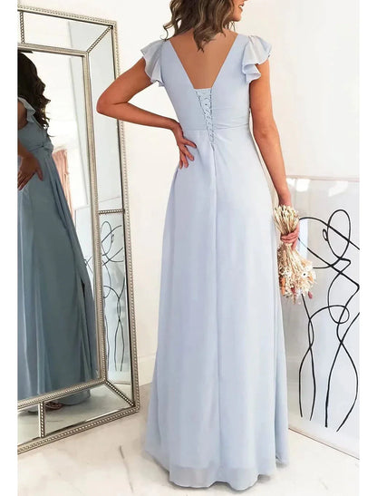 Women's V Neck Chiffon Bridesmaid Dresses Long with Slit Ruffled Sleeve Empire Waist Formal Dress with Pockets