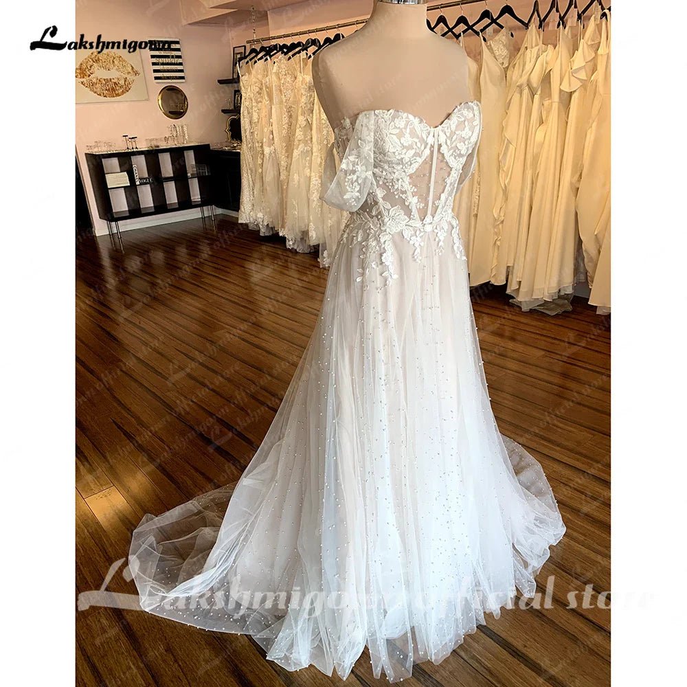 NumberSea - Lakshmigow Boho Wedding Gowns Champagne Off the Shoulder Vintage Lace Pearls Beaded Beach Bridal Dresses Vestido de novia