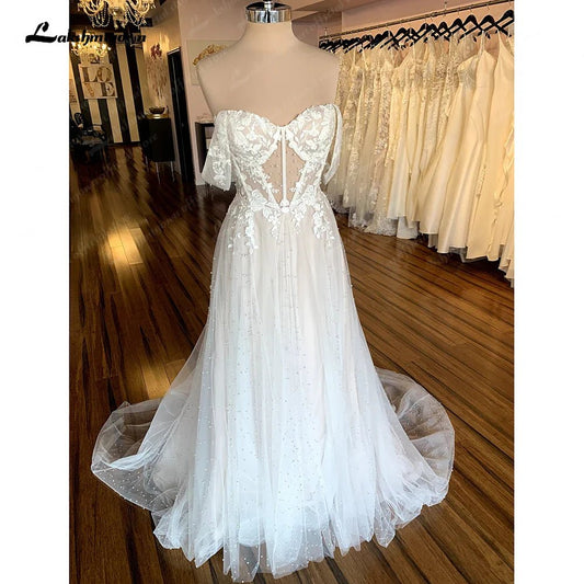 NumberSea - Lakshmigow Boho Wedding Gowns Champagne Off the Shoulder Vintage Lace Pearls Beaded Beach Bridal Dresses Vestido de novia