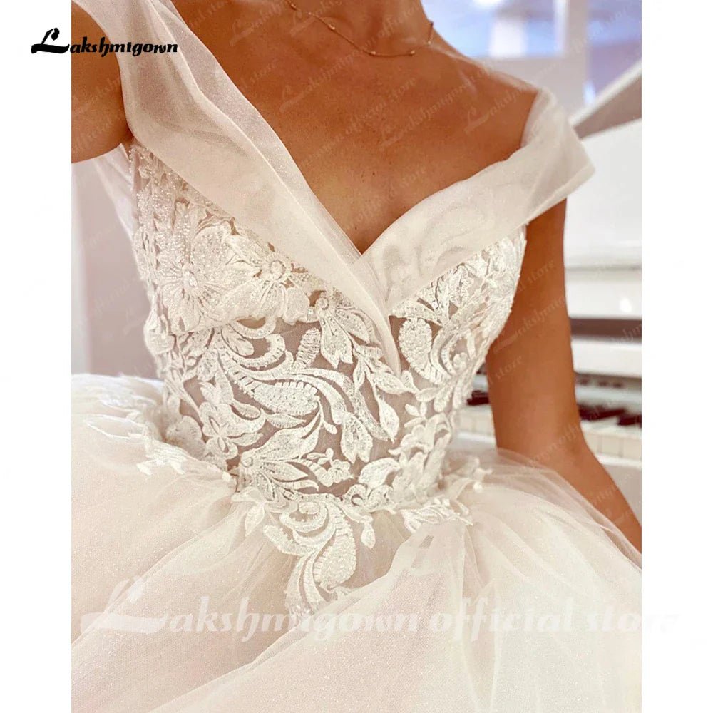 NumberSea - Lakshmigown V Neck Lace Beadings Bridal Off White Wedding Dress with Cap Sleeve 2025 Wedding Gown for Women Robe de mariee