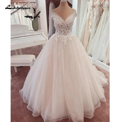 NumberSea - Lakshmigown V Neck Lace Beadings Bridal Off White Wedding Dress with Cap Sleeve 2025 Wedding Gown for Women Robe de mariee