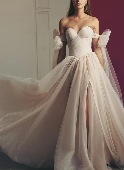 Wedding Dresses Beach Pleated Tulle Off-The-Shoulder A-Line With Slit