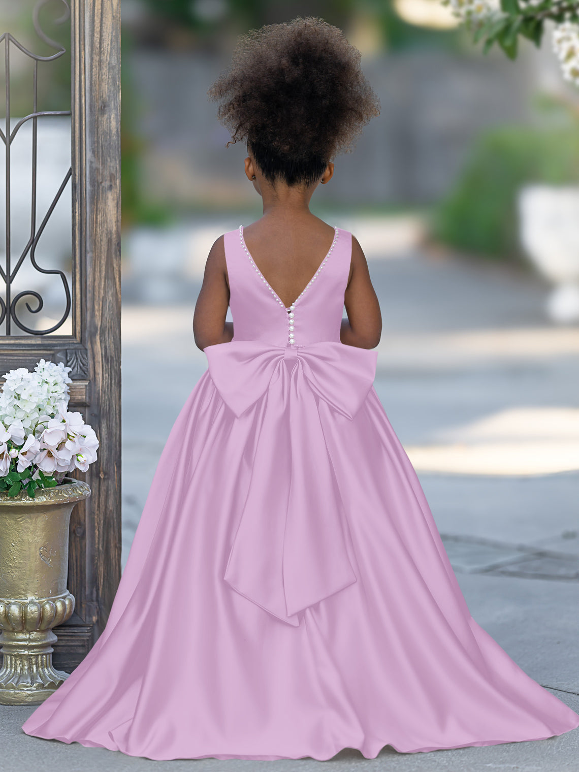 Pink Sleeveless Satin Beaded Neckline and Bow Detail Dress