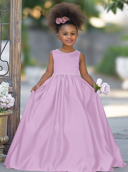 Pink Sleeveless Satin Beaded Neckline and Bow Detail Dress