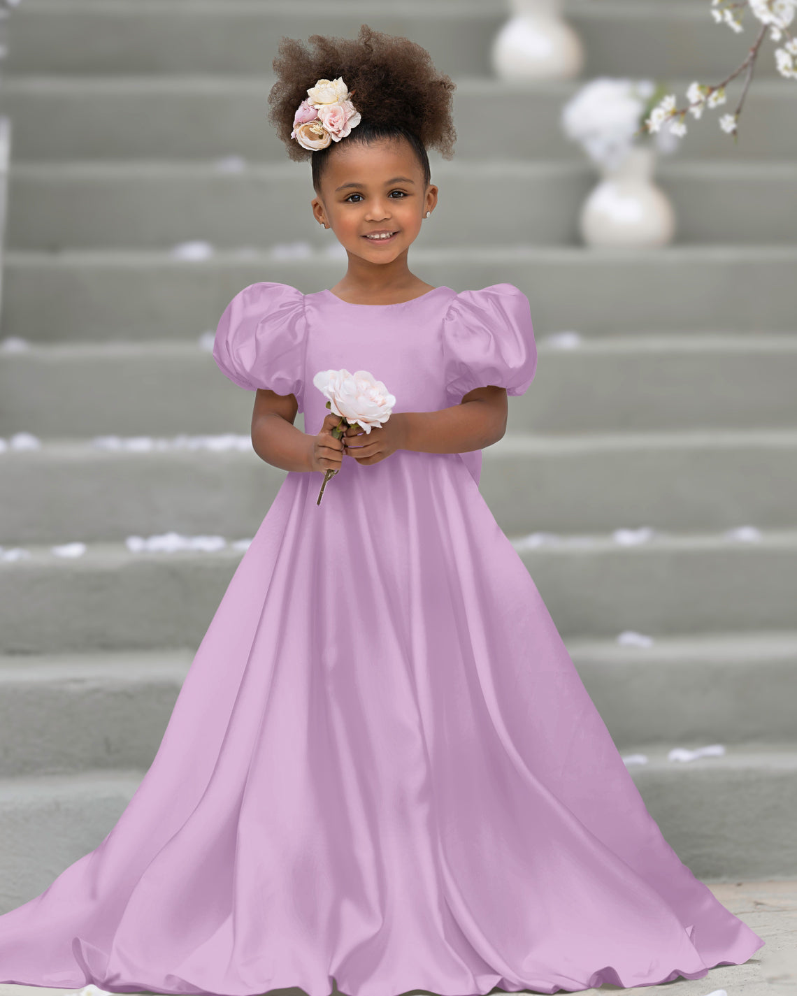 Puff Sleeve Bow Button Back Sweep Train Flower Girl Dress