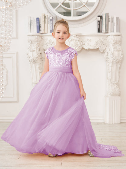 NumberSea - A - line Lace Tulle Sweep Train Pink Flower Girl Dress