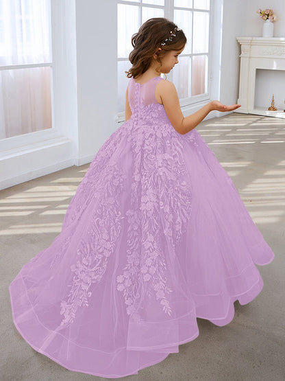 Pink Princess Ball Gown for Girls with Lace Appliqués