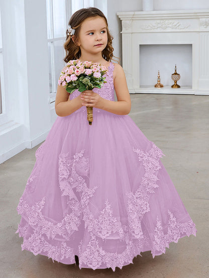 Princess Sleeveless Tulle Gown with Lace Appliques and Sweep Train for Girls