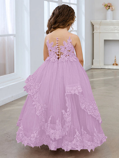 Princess Sleeveless Tulle Gown with Lace Appliques and Sweep Train for Girls