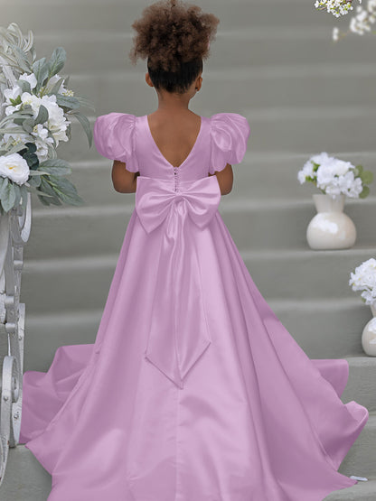 Puff Sleeve Bow Button Back Sweep Train Flower Girl Dress