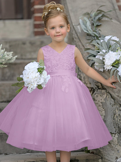 Sleeveless Lace Tulle Knee Length Flower Girl Dress