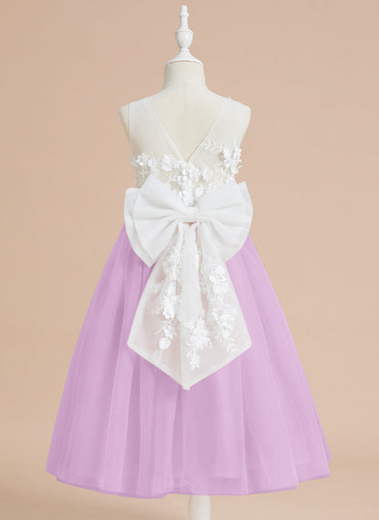 Floral Lace and Large Bow Tea-length Dress