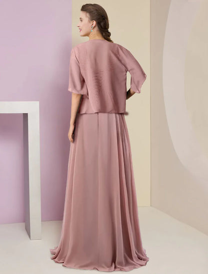 Zweiteiliges A-Linien-Kleid für die Mutter der Braut, formeller Hochzeitsgast, eleganter V-Ausschnitt, Schleppe aus Chiffon und Spitze, 3/4-Ärmel, Wickelärmel mit Faltenapplikationen