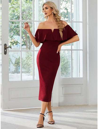 Sheath / Column Wedding Guest Dresses Minimalist Dress Party Wear Wedding Party Tea Length Short Sleeve Off Shoulder Bridesmaid Dress Stretch Fabric with Slit Pure Color