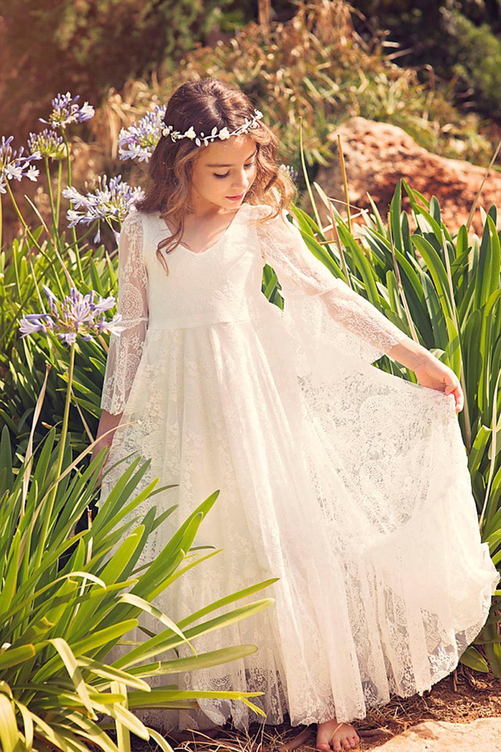 Long A-line Appliques Lace V-neck Flower Girl Dress with Sleeves