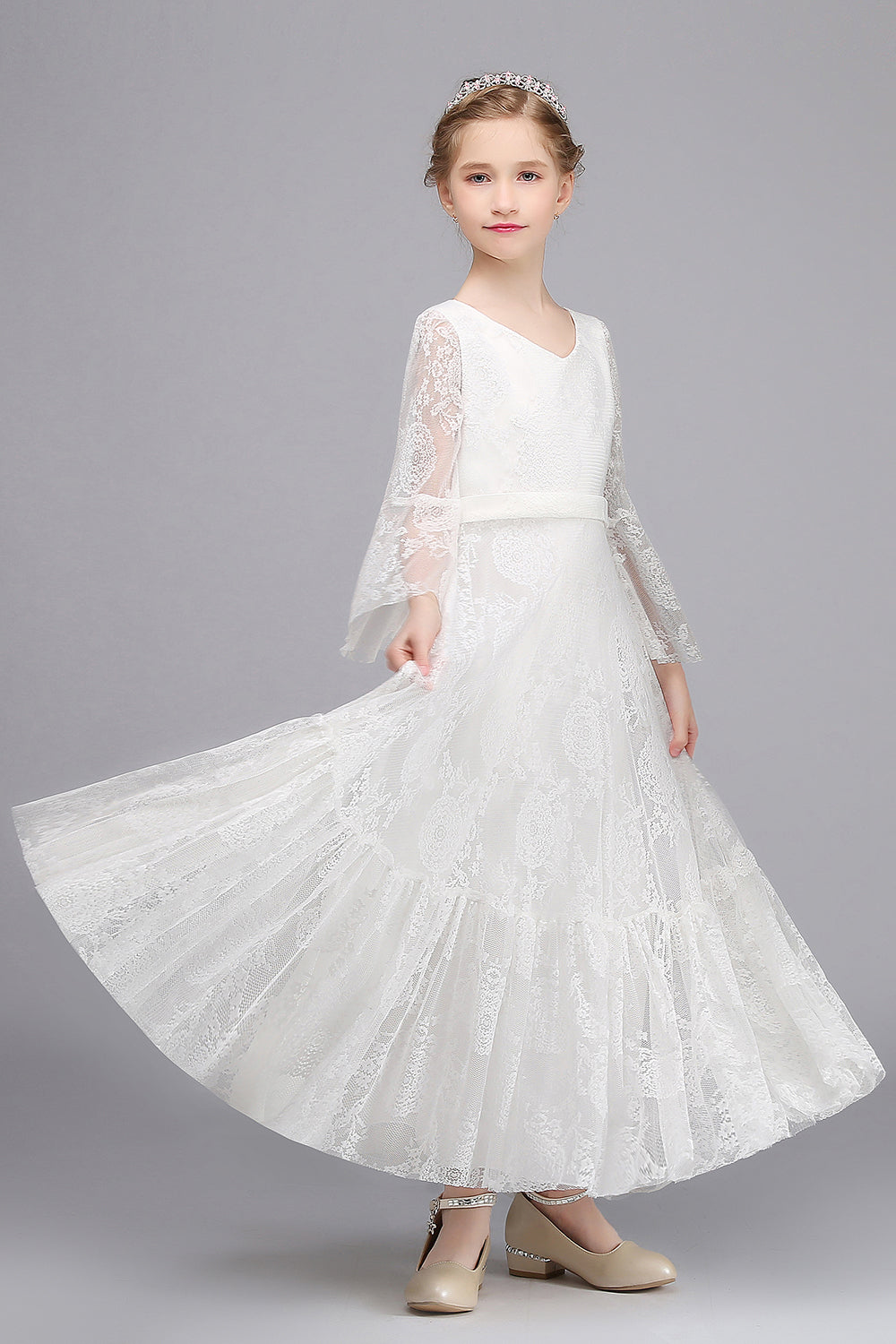 Long A-line Appliques Lace V-neck Flower Girl Dress with Sleeves