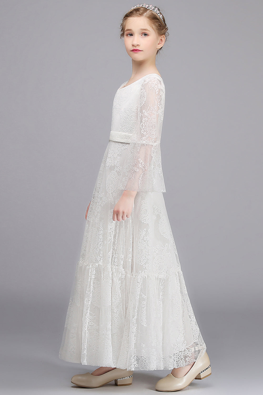 Long A-line Appliques Lace V-neck Flower Girl Dress with Sleeves