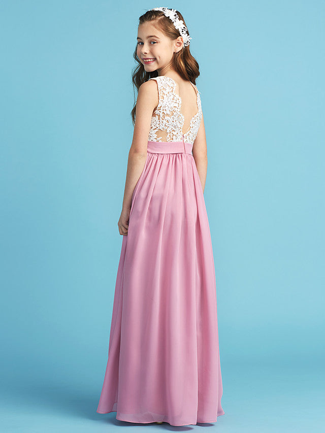 Long A-line Chiffon Flower Girl Dresses Lace Junior Bridesmaid Dress