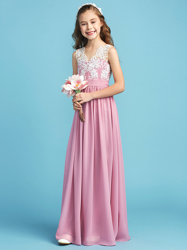 Long A-line Chiffon Flower Girl Dresses Lace Junior Bridesmaid Dress