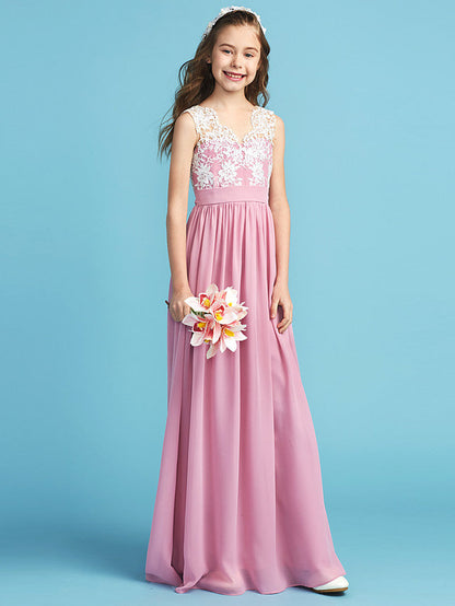 Long A-line Chiffon Flower Girl Dresses Lace Junior Bridesmaid Dress