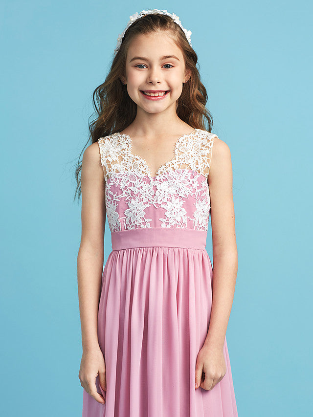 Long A-line Chiffon Flower Girl Dresses Lace Junior Bridesmaid Dress