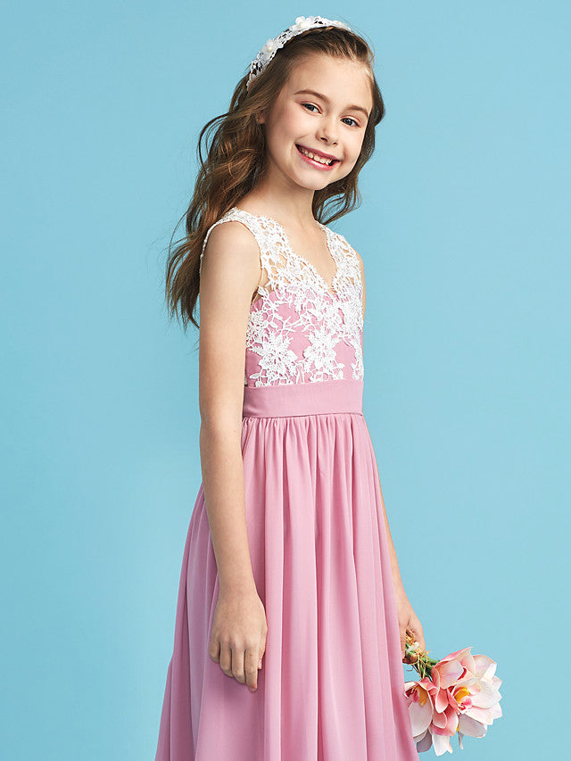 Long A-line Chiffon Flower Girl Dresses Lace Junior Bridesmaid Dress