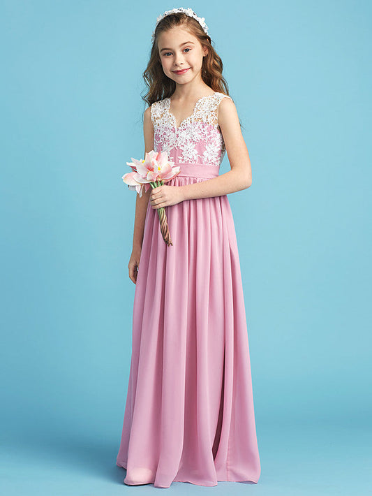 Long A-line Chiffon Flower Girl Dresses Lace Junior Bridesmaid Dress