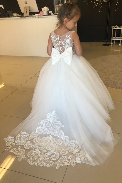 Long A-line Jewel Sleeveless Appliques Lace Tulle Flower Girl Dresses With Bow