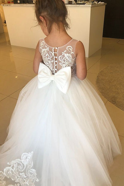 Long A-line Jewel Sleeveless Appliques Lace Tulle Flower Girl Dresses With Bow