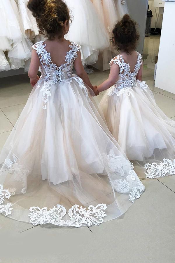 Long A-line Lace Appliques Tulle Flower Girl Dresses