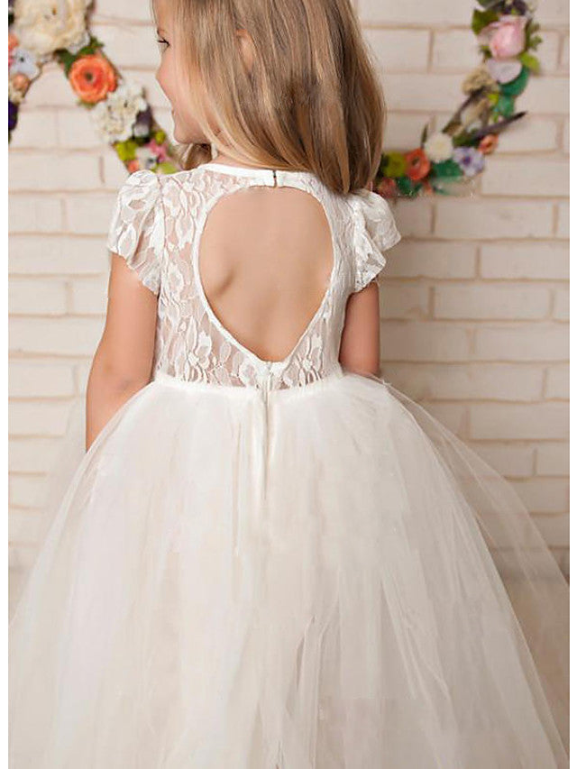 Long A-Line Lace Satin Tulle Jewel Neck Wedding Party Flower Girl Dresses