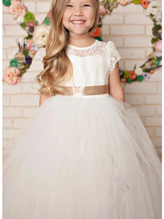 Long A-Line Lace Satin Tulle Jewel Neck Wedding Party Flower Girl Dresses