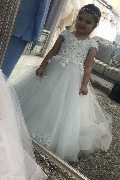 Long A-line Off the shoulder Tulle Lace Flower Girl Dresses with Cap sleeves