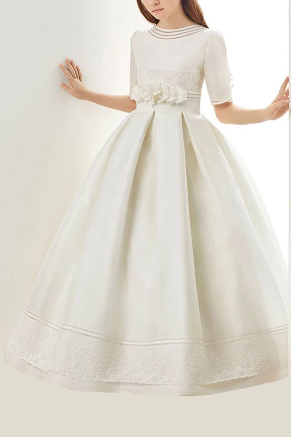 Long A-line Ruffle Jewel Neck Half Sleeves Flower Girl Dresses For Pageant