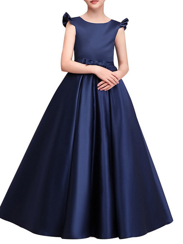 Long A-Line Satin Cap Sleeve Jewel Neck Pageant Flower Girl Dresses