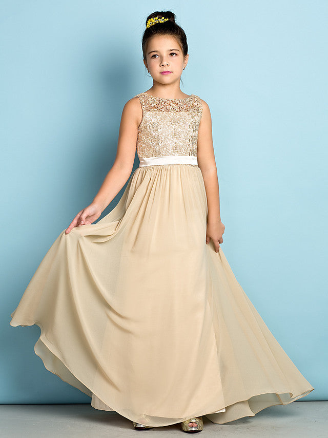 Long A-Line Scoop Neck Flower Girl Dresses Chiffon Lace Junior Bridesmaid Dress