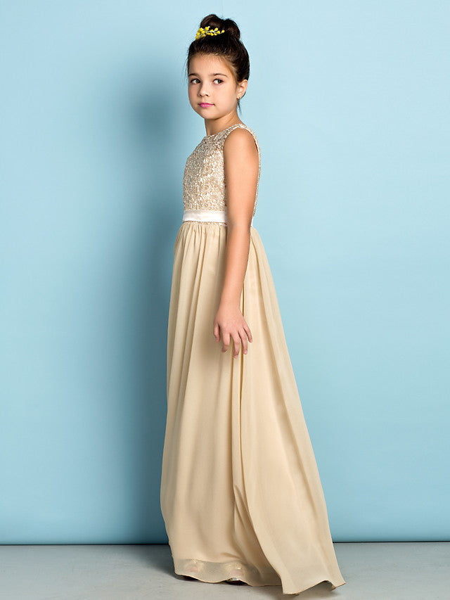 Long A-Line Scoop Neck Flower Girl Dresses Chiffon Lace Junior Bridesmaid Dress