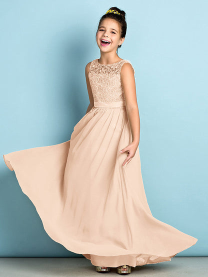 Long A-Line Scoop Neck Flower Girl Dresses Chiffon Lace Junior Bridesmaid Dress