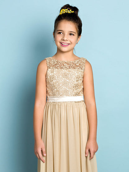 Long A-Line Scoop Neck Flower Girl Dresses Chiffon Lace Junior Bridesmaid Dress